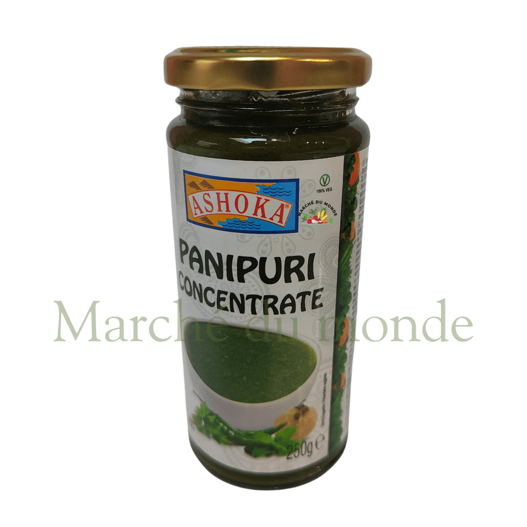 Bouteille de Concentré Panipuri 250g, un mélange d’épices et de saveurs pour préparer une eau panipuri délicieuse.
