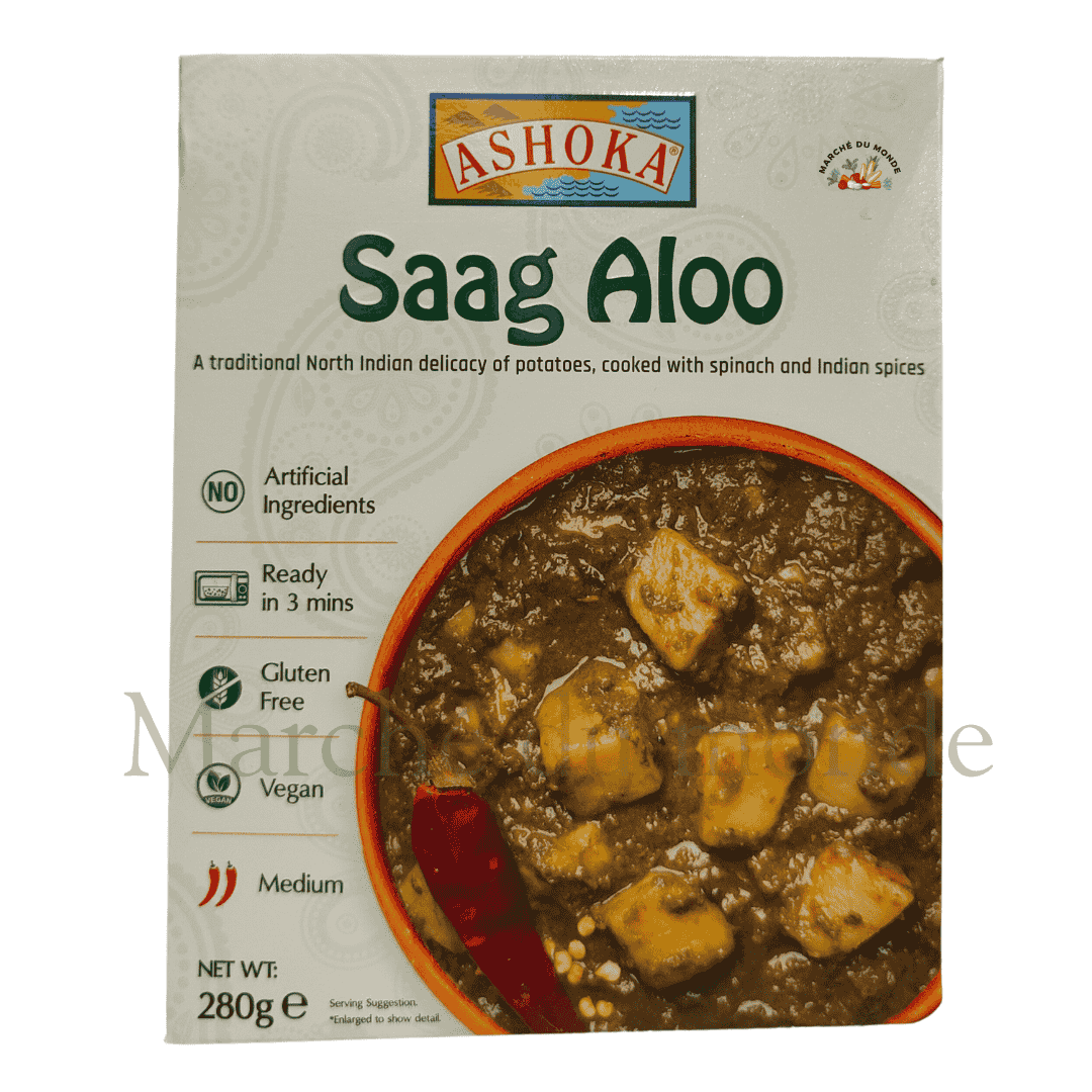 Pot de Saag Aloo 280g, prêt à être chauffé, offrant un goût authentique de l'Inde.