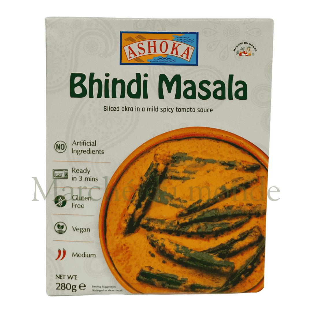 Pot de Bhindi Masala 280g, prêt à être chauffé, offrant un goût authentique de l'Inde.