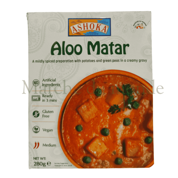 Pot d'Aloo Matar 280g, prêt à être chauffé, offrant un goût authentique de l'Inde.