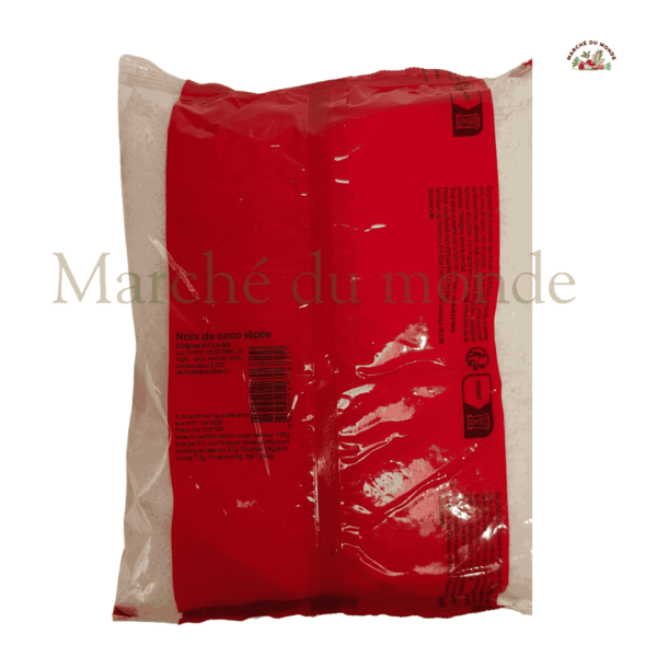 Sachet de Noix de Coco Râpée 500g, idéale pour pâtisseries et plats salés.