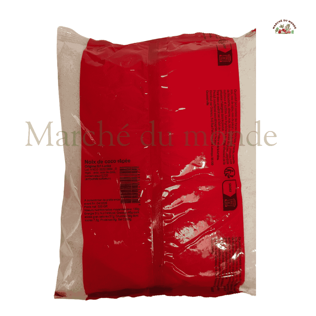 Sachet de Noix de Coco Râpée 500g, idéale pour pâtisseries et plats salés.
