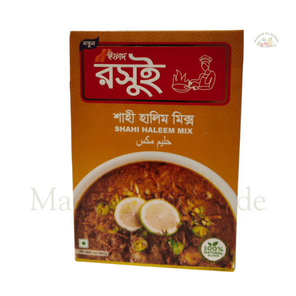 Paquet de Shahi Haleem Mix 200g, avec un bol de haleem chaud garni d’oignons frits et de citron.