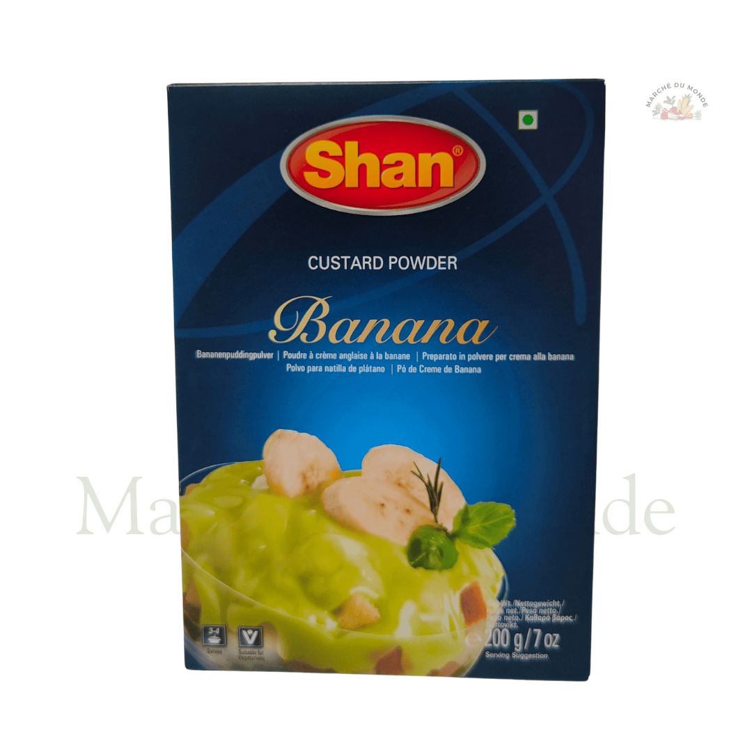 Paquet de Banana Custard Powder 200g avec un bol de crème de banane garnie de tranches de banane.