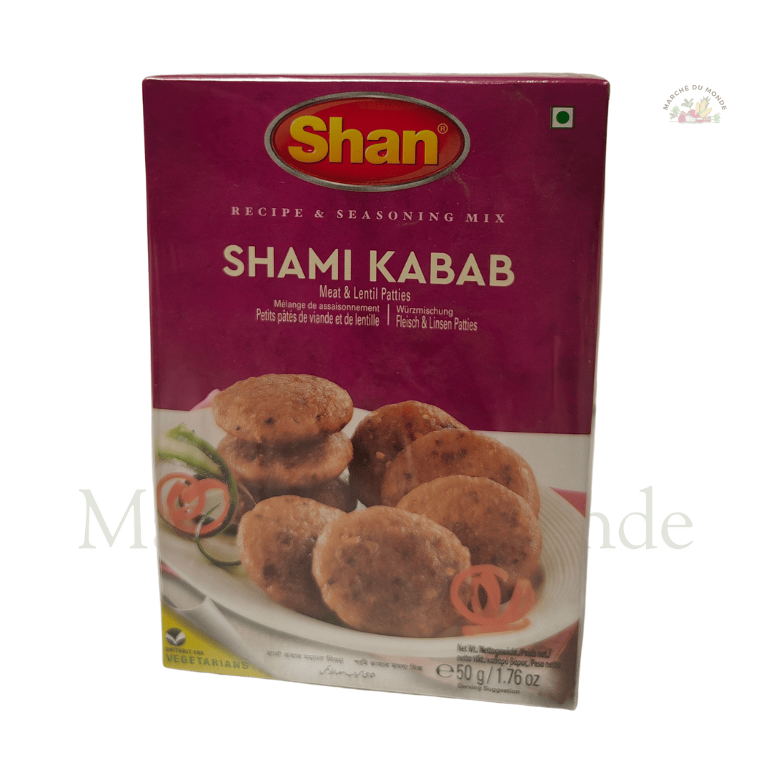 Paquet de Shami Kabab 50g avec des kababs grillés servis avec une sauce à la menthe.