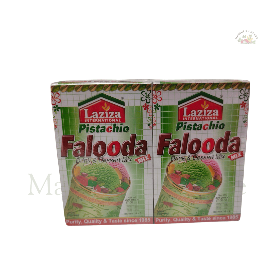 Paquet de Falooda Mix 200g avec un verre de falooda garni de vermicelles colorés et de graines de basilic.