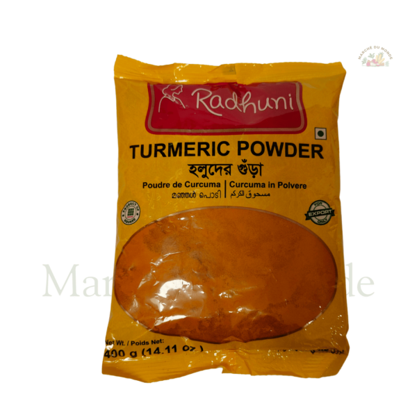 Sachet de 400G de poudre de curcuma jaune doré, épice fine et aromatique pour la cuisine et le bien-être.
