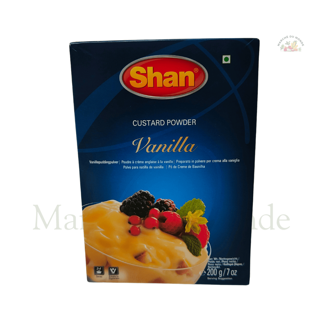 Paquet de Custard Powder Vanille 200g avec une coupe de crème de vanille garnie de fruits frais.