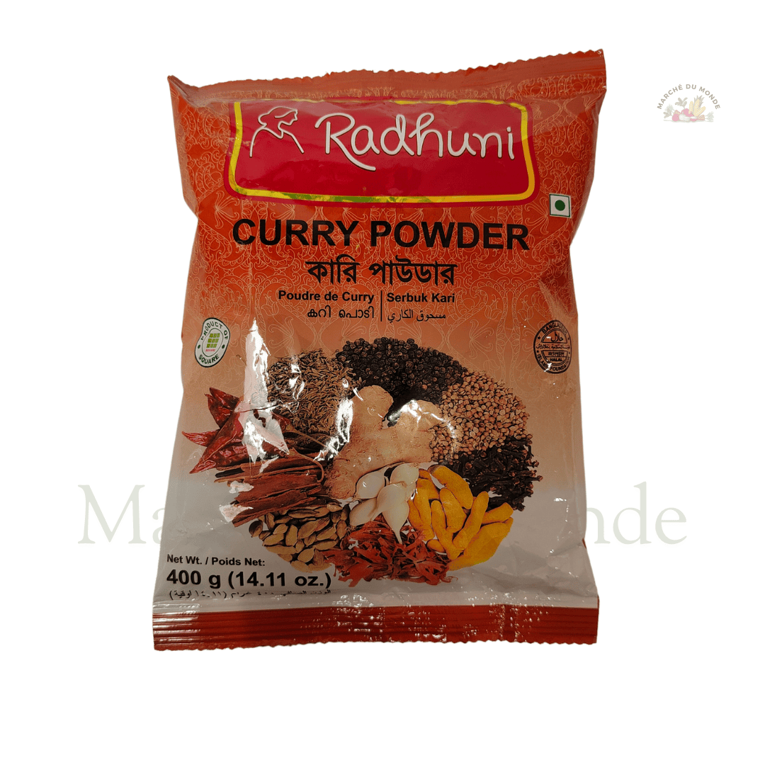 Sachet de 400G de poudre de curry jaune doré, mélange d’épices aromatique pour cuisine exotique.