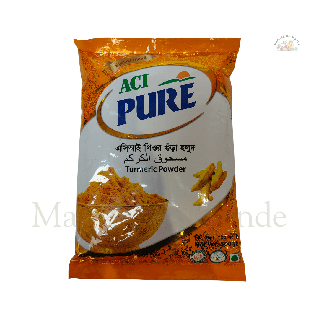 Sachet de 500G de poudre de curcuma jaune doré, épice fine et aromatique pour la cuisine et le bien-être.