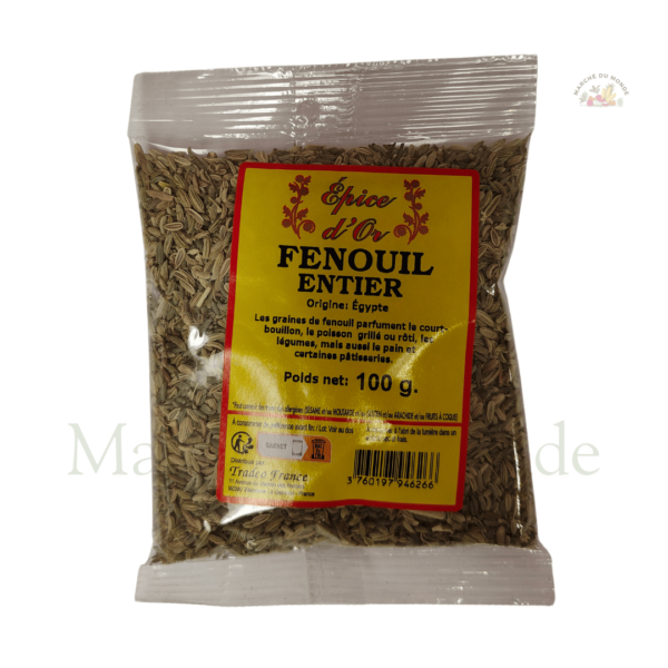 Sachet de 100G de graines de fenouil entières, idéales pour cuisine et infusions naturelles.