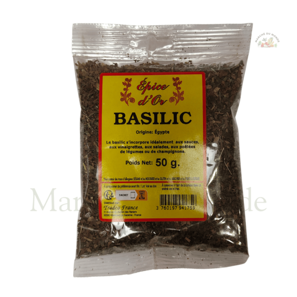 Sachet de 50G de basilic séché, herbe aromatique parfaite pour parfumer pizzas, pâtes et sauces maison.