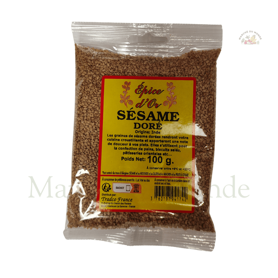 Sachet de 100G de graines de sésame doré, parfaites pour enrichir vos plats en goût et en texture.