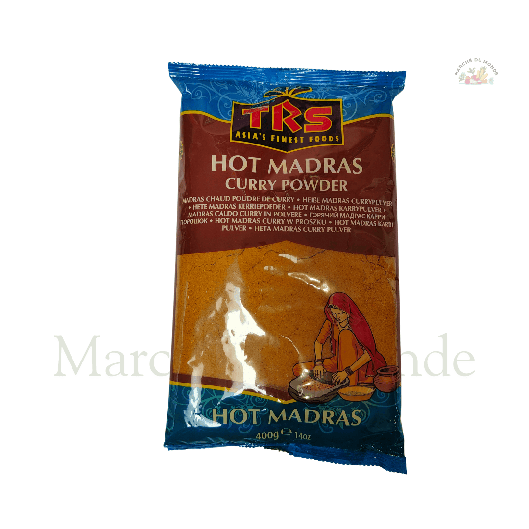 Sachet de 400G de Hot Madras Curry Powder, mélange d'épices relevé pour recettes exotiques et intenses.