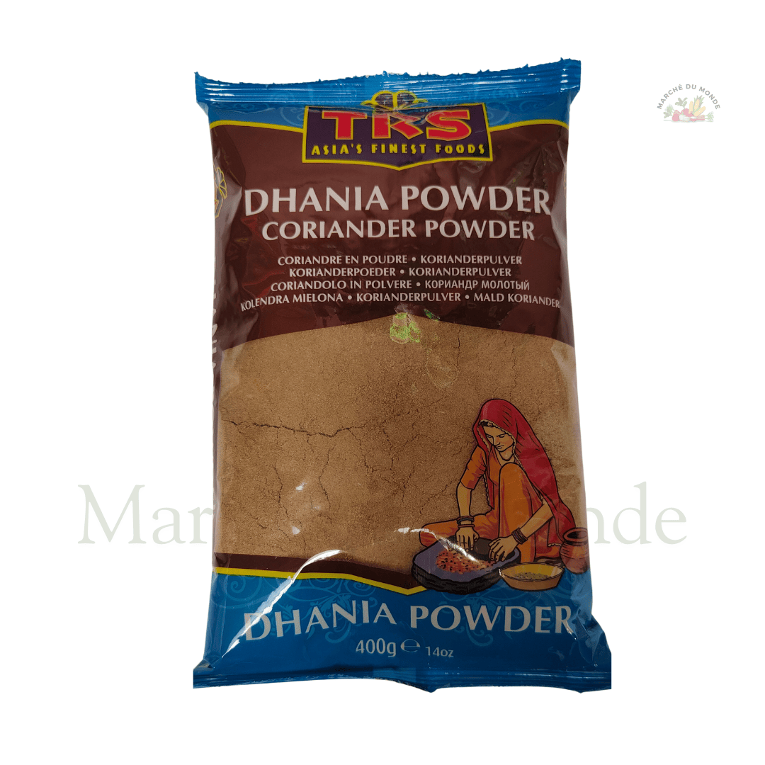 Sachet de 400G de coriandre moulue (Dhania), épice douce et parfumée pour assaisonner une grande variété de plats.