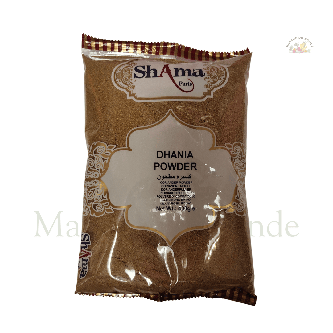 Sachet de 400G de coriandre moulue (Dhania), épice légère et aromatique pour relever vos plats du quotidien.