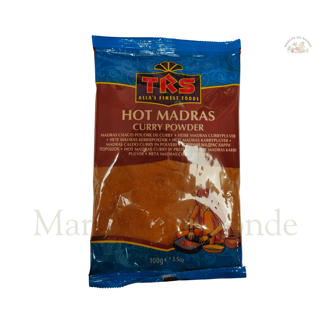 Sachet de 100G de curry Madras chaud, mélange d'épices piquant et parfumé pour des plats exotiques et savoureux.