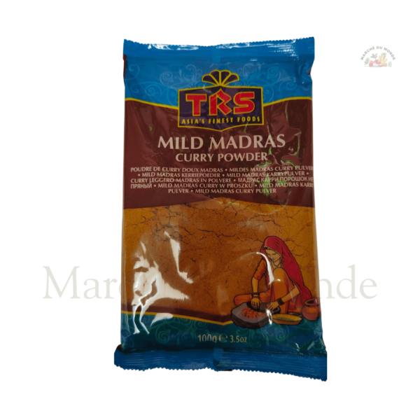 Sachet de 100G de curry Madras doux, un mélange d'épices parfumées pour des plats savoureux et équilibrés.