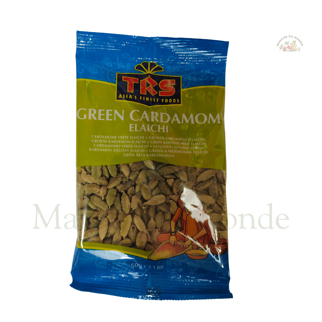 Sachet de 50G de cardamome verte entière (Elaichi), épice parfumée et bénéfique pour la digestion, idéale pour les currys, thés et desserts.
