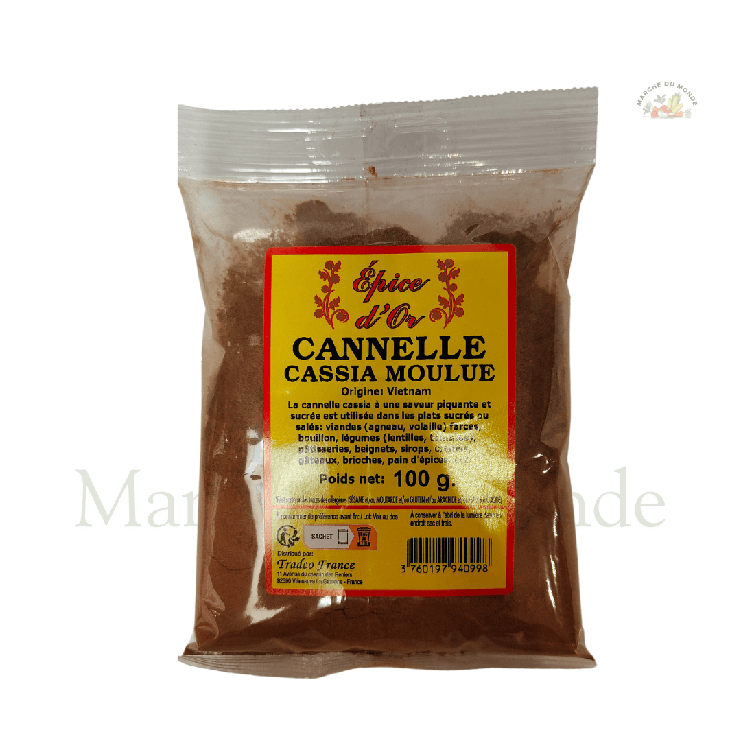 Sachet de 100G de cannelle Cassia moulue, épice chaude et parfumée idéale pour les desserts, currys et boissons.