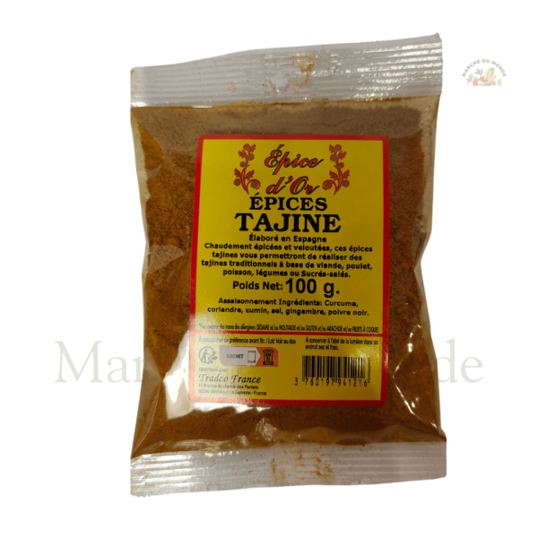 Sachet de 100G d’épices tajine, mélange parfumé aux couleurs dorées, idéal pour la cuisine marocaine traditionnelle.