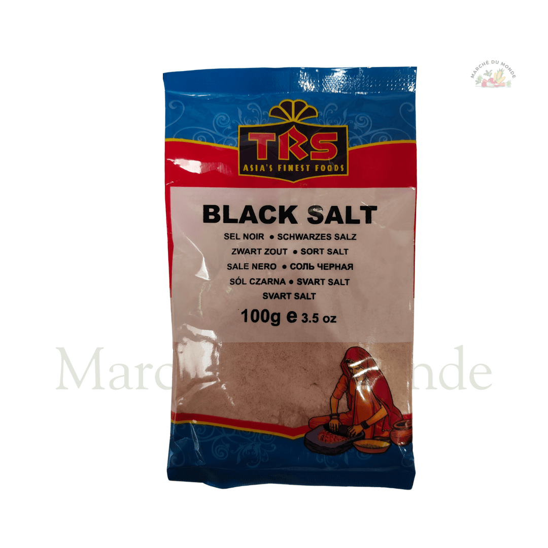 Sachet de 100G de sel noir fin (Kala Namak), sel minéral au goût soufré utilisé en cuisine indienne et végane.