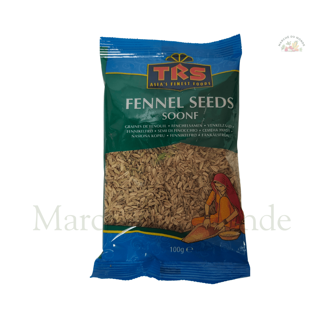 Sachet de 100G de graines de fenouil vert pâle, épice douce et digestive utilisée dans les currys, pains et infusions.