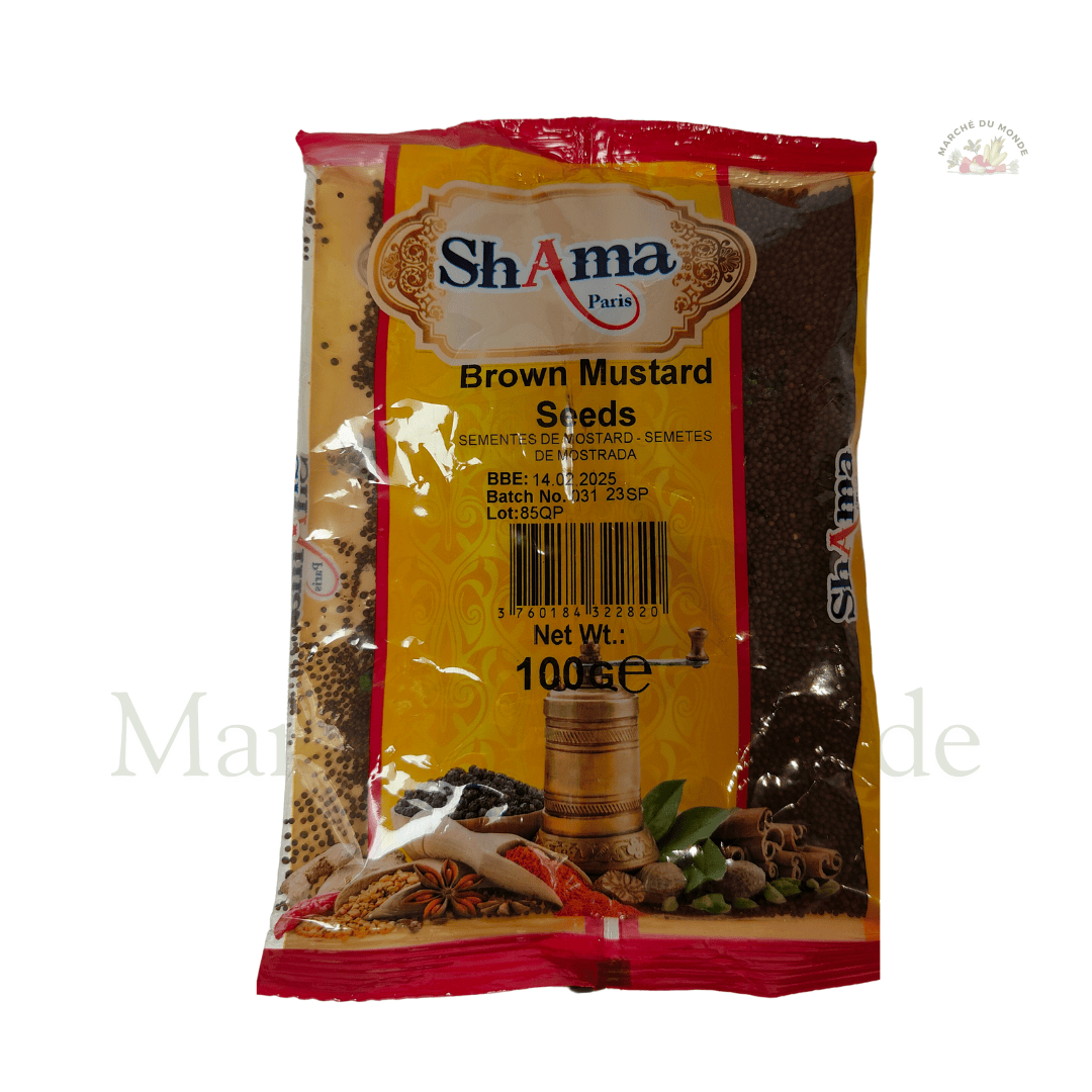 Sachet de 100G de graines de moutarde brunes, épice piquante utilisée dans les currys, pickles et plats salés.