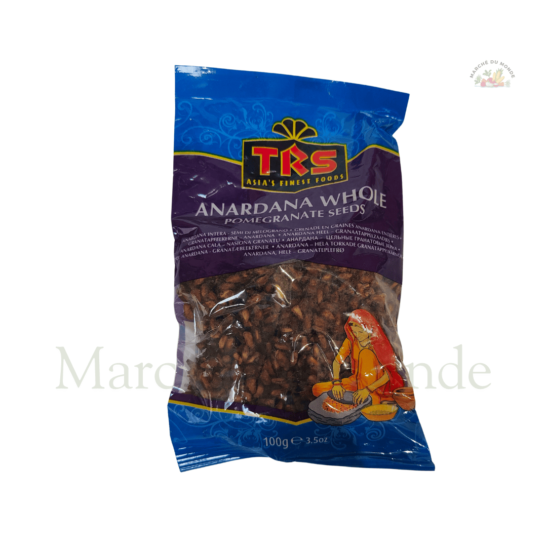 Sachet de 100G de graines de grenade entières, utilisées pour apporter une saveur sucrée-acidulée aux currys, chutneys et salades.
