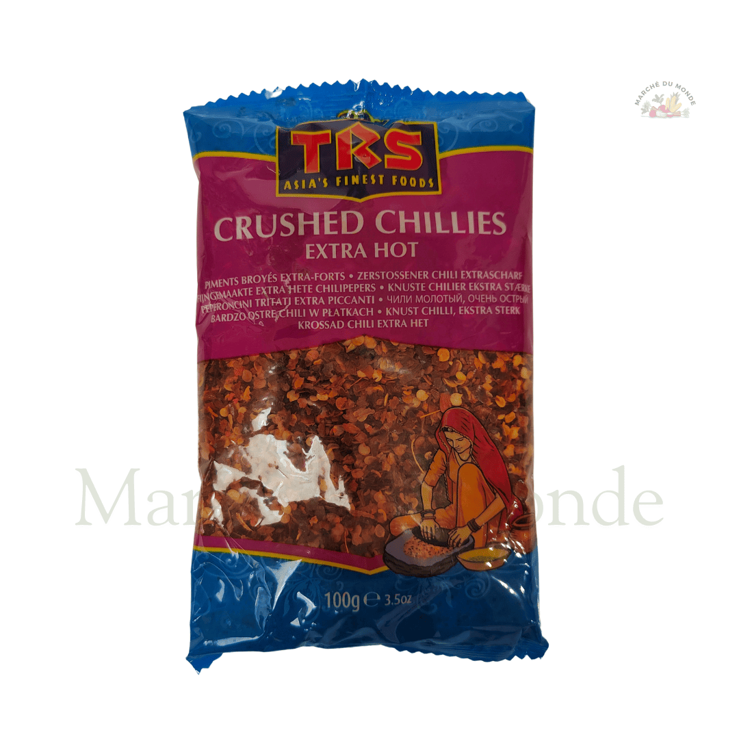 Sachet de 100G de piments écrasés, épice piquante utilisée pour relever les currys, pizzas, sauces et marinades.
