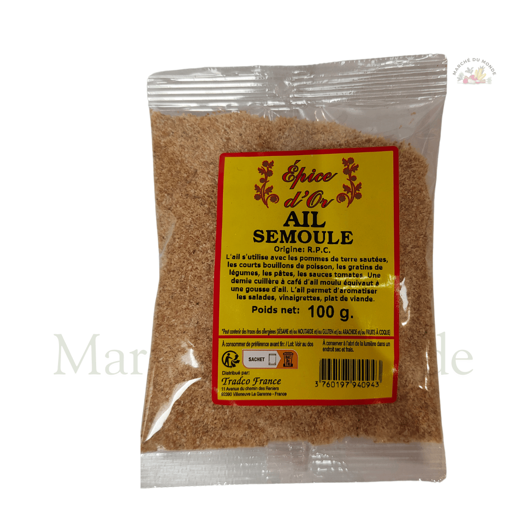 Sachet de 100G d'ail semoule, utilisé pour ajouter de la saveur et de l'arôme à une variété de plats cuisinés.