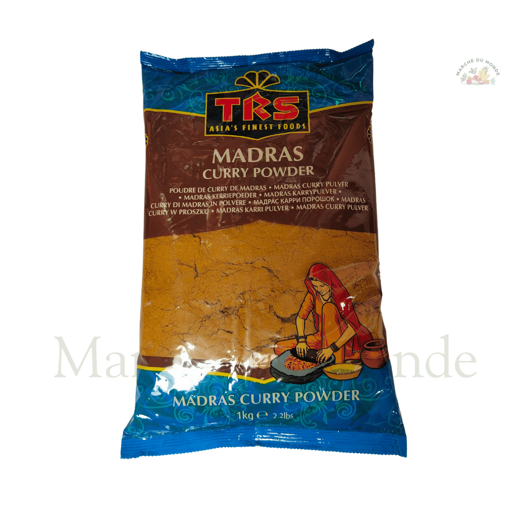 Sachet de 1KG de poudre de curry Madras jaune doré, mélange d’épices aromatique pour cuisine indienne.