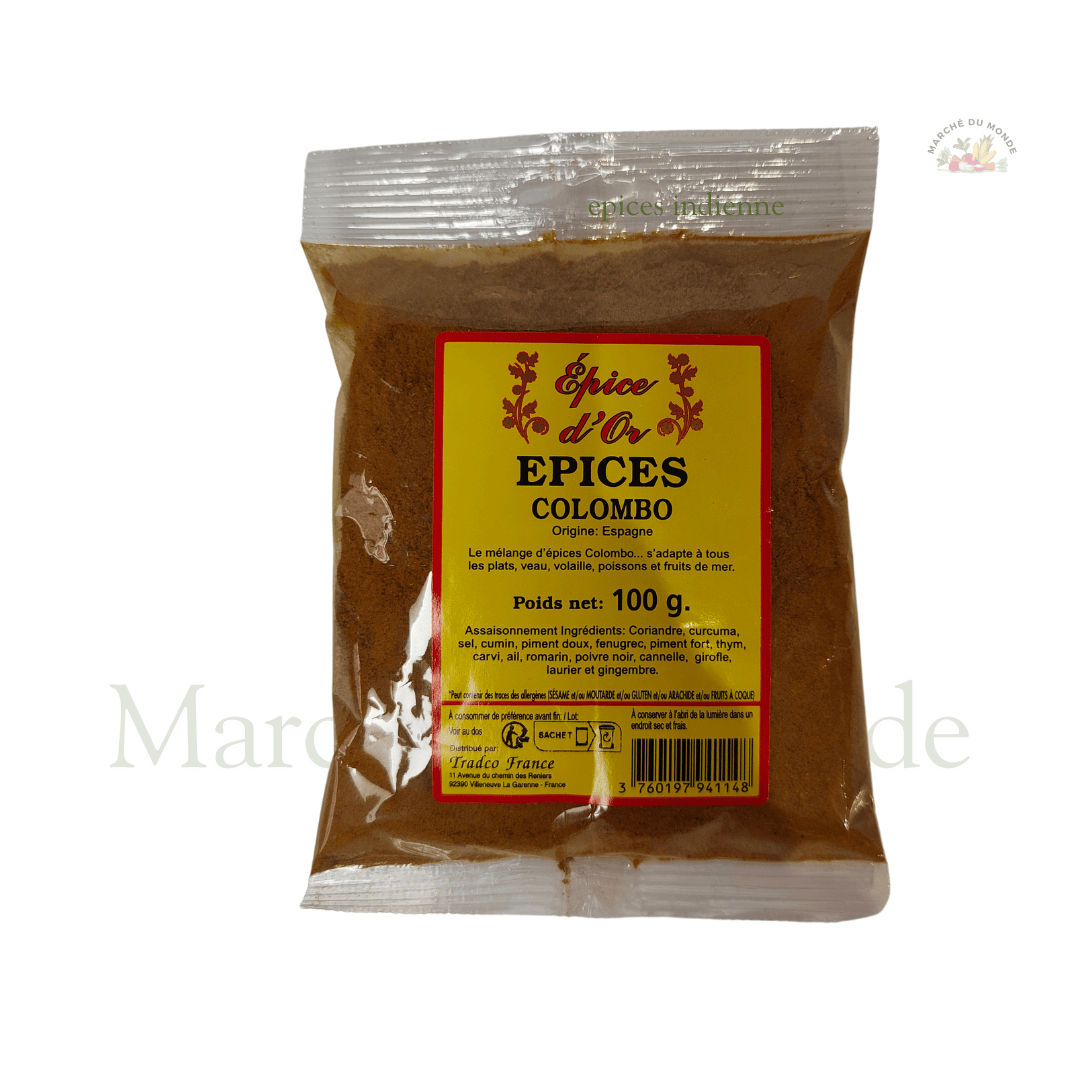 Sachet de 100G d'épices Colombo, parfait pour assaisonner des plats créoles et antillais, apportant une saveur riche et parfumée.