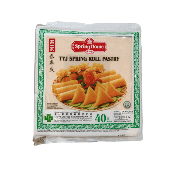 Paquet de Pâte à Rouleau de Printemps TYJ 550g contenant 30 feuilles fines, parfaites pour réaliser des rouleaux de printemps et des snacks croustillants.