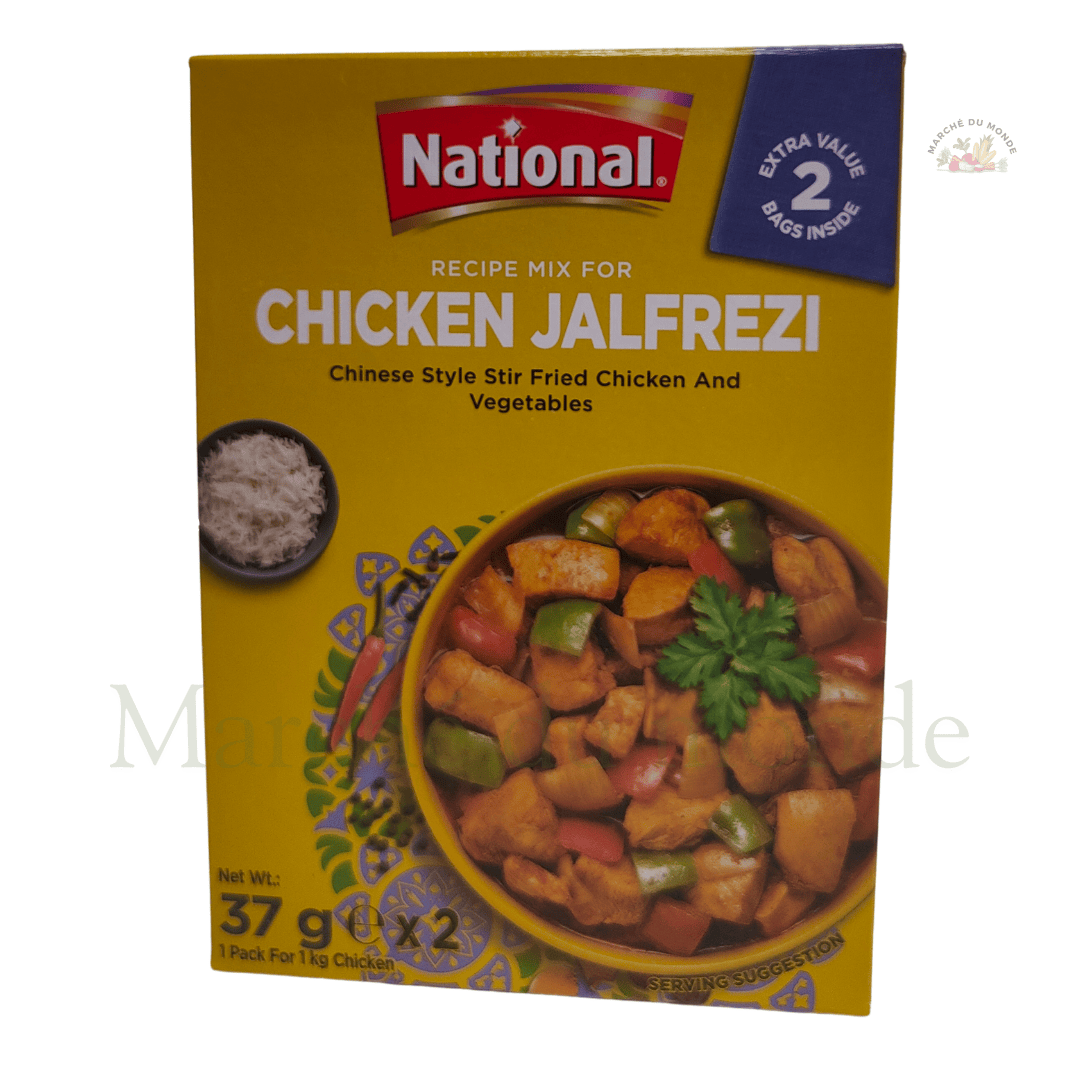 Paquet de mélange d’épices Chicken Jalfrezi 37g, avec un emballage vibrant et des illustrations d’épices audacieuses