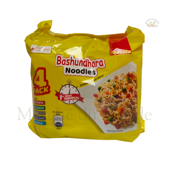 Sachet de nouilles instantanées Bashundhara de couleur jaune. L'emballage indique "4 PACK" et "1 MINUTE NOODLES" et montre un bol de nouilles préparées.