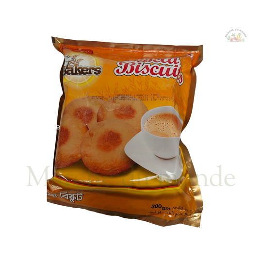 Paquet de biscuits Bakers "Special Biscuits" de couleur dorée et orange. L'emballage montre des biscuits ronds avec un cœur rouge et une tasse de thé.