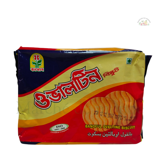Sachet de biscuits Banofull "Ovaltine Biscuit" de couleur bleu, rouge et jaune. L'emballage montre deux biscuits ronds au motif ondulé.