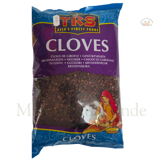 Sachet de 500g de clous de girofle entiers de la marque TRS. L'emballage bleu montre le produit et le logo "Asia's Finest Foods"